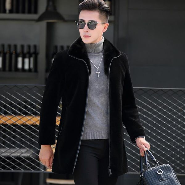 

men's leather & faux mens winter jacket sheep shearing wool coat collar thick long padded jackets parka homme 1787 kj1633, Black