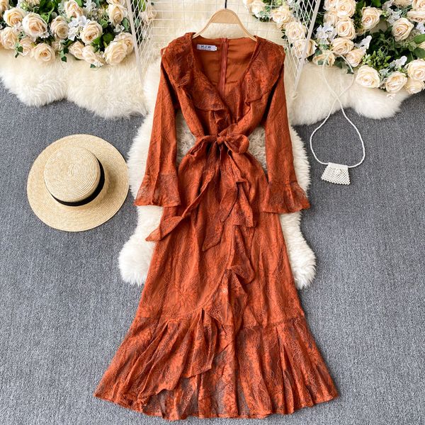 

2021 new singiny feminine design frilly lace even dressed the autumn fashion line streetwear long dress w9oe, Black;gray