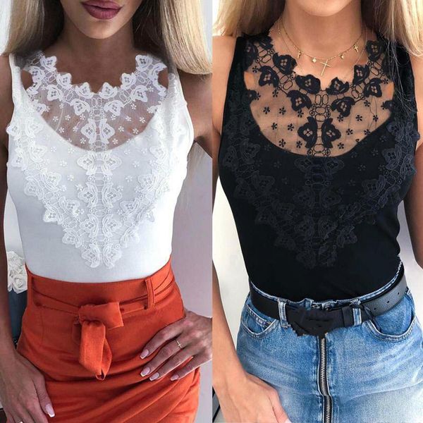 

2021 womens and tank shirt o necek bodycon lace patchwork sleeveless women tank plus size women clothing, White
