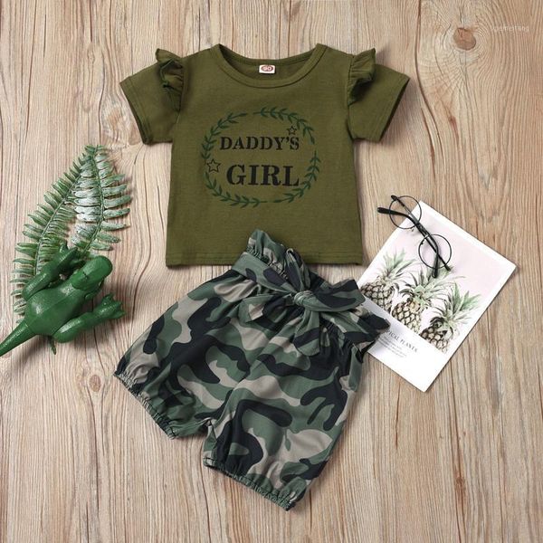 

newborn baby girl short sleeve letter print t-shirt +camouflage shorts set1, White