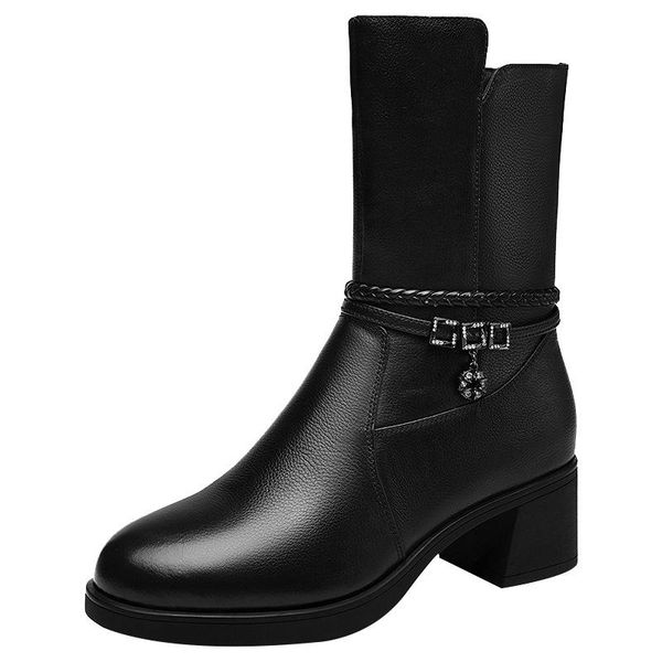 

boots women shoes genuine leather fashionable british style mid calf warm winter snow for woman heels m0043, Black