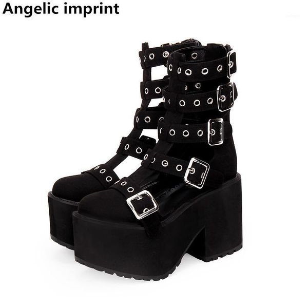 

angelic imprint mori girl women punk motorcycle shoes lady lolita ankle boots woman high trifle heels pumps summer sandals 10cm1, Black