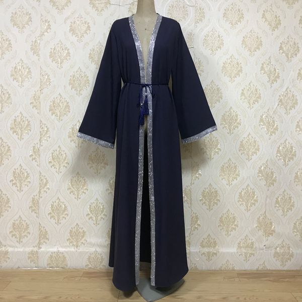 

plus size muslim open abaya dress women dubai arab loose open long robe lace-up rhinestone hijab dresses outwear islamic clothes, Black;gray
