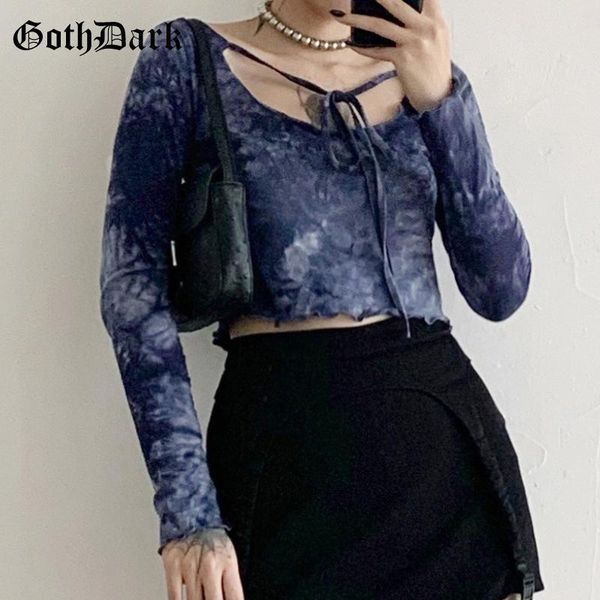 

goth dark fashion tie dye blue gothic t-shirts cotton lace up long sleeve backless ruffles autumn crop for women streetwear, White