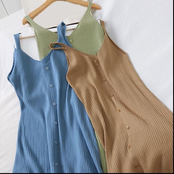 

casual korean women solid spaghetti strap knitted dress summer vintage v neck elegant ladies slim mid calf dresses vestidos, Black;gray