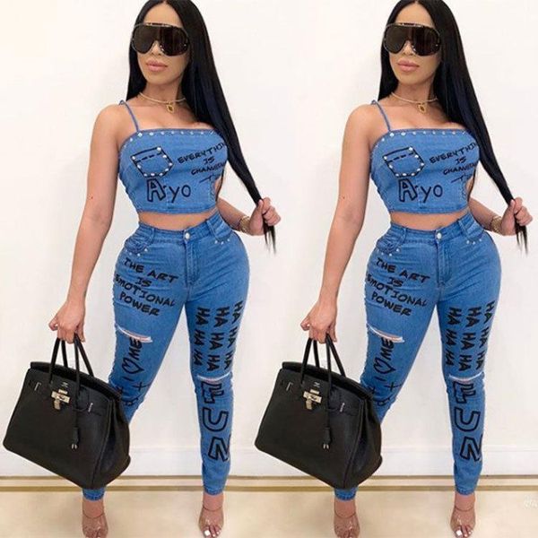 

chic creative graffiti women solid ripped jeans fashion streetwear high waist letter print zipper pencil denim trousers, Blue