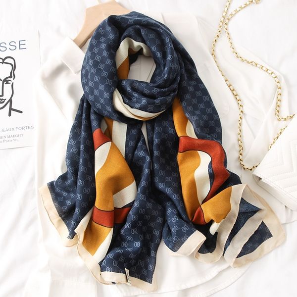 

luxury women brand cotton scarf large shawls pashmina hijab foulard echarpe design print lady beach stole head scarves y201007, Blue;gray
