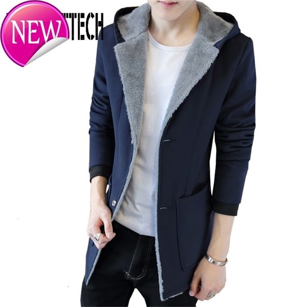 

winter men trench coat hooded men cashmere winter coat warm jacket hoodie trench coat homme plus size jackets black