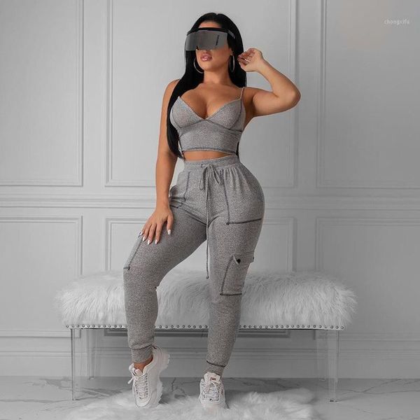 

women gray casual two pieces set elastic high waist drawstring pants + strap v-neck crop outfit fitness tracksuits1, White