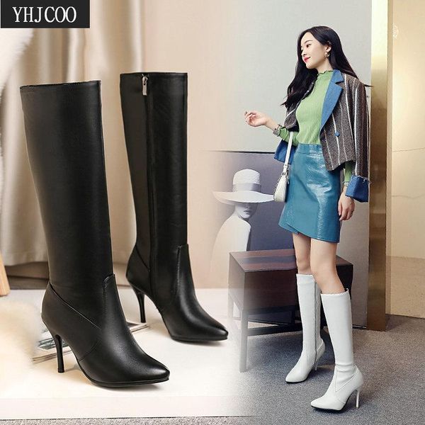 

shoes for women high heels boots autumn winter slim boots thin high heel knee for women wide calf plus size, Black