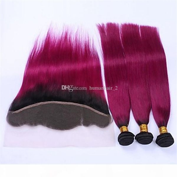

brazilian human virgin hair fuschia ombre hair bundles with lace frontal closure 4pcs lot purple peruvian virgin hair with frontal closure, Black;brown