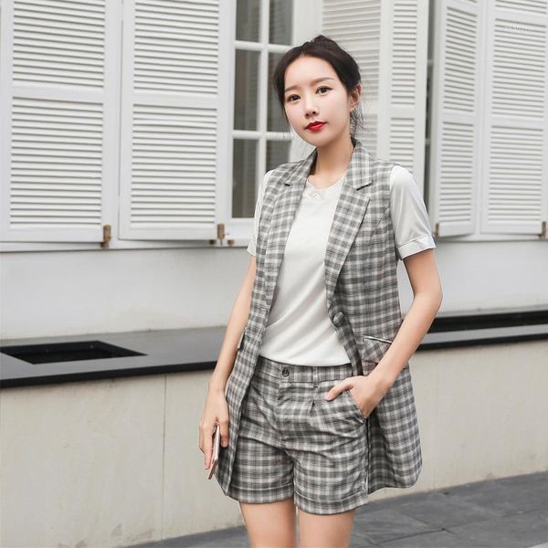 

summer elegant sets women two piece outfits new suit collar sleeveless plaid vest coat + high waist shorts suits 2 piece set1, White