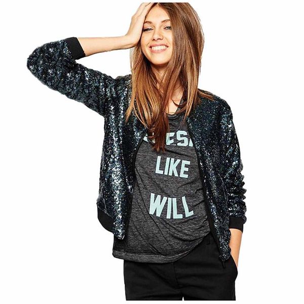 

women's sports style jackets full sequin baseball uniform all-match casual short jacket fashion female coat clothes costume l3, Black;brown