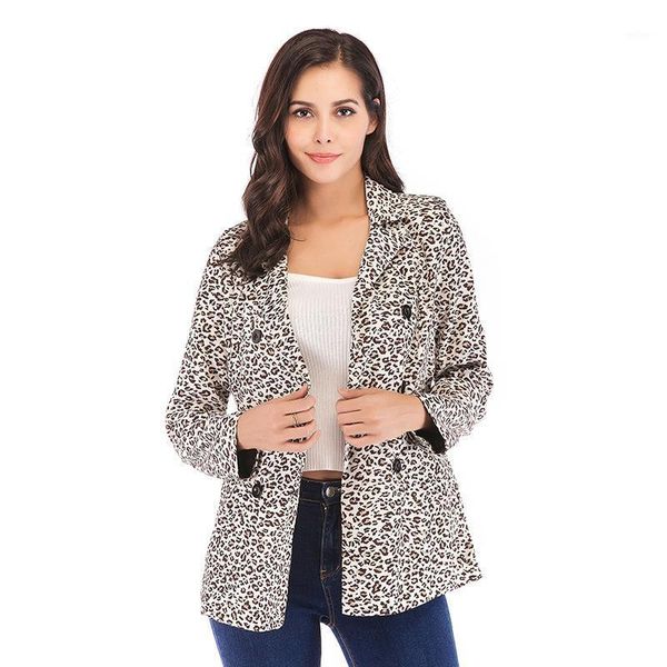 

2020 new arrival ladies casual leopard print blazer double breasted blazer women elegant animal pattern suit jacket1, White;black