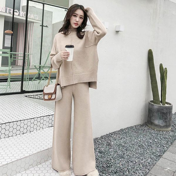 

2021 new two pullover sweater tracksuit high waist knit wide leg pants suit 2 piece set women winter k6nc, Black;gray
