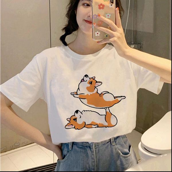 

puppy corgi women clothing t shirts happy streetwear funny smile cartoon cute o neck casual short sleeve, White