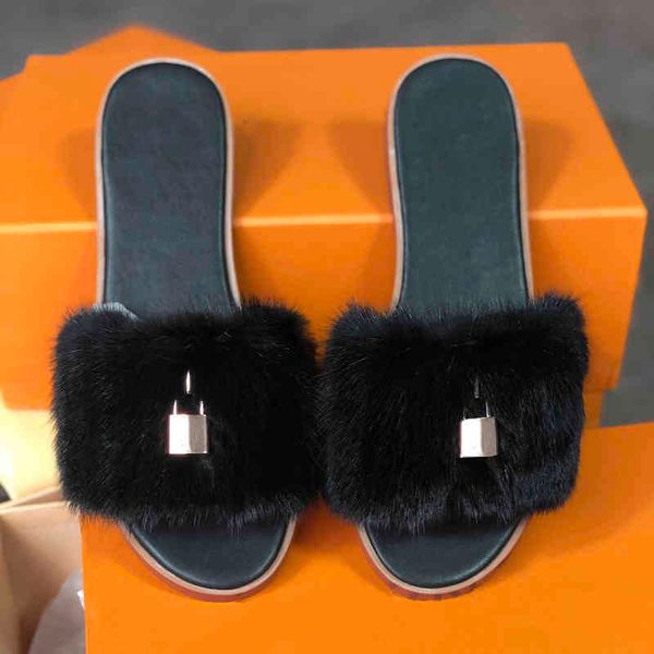 

sandal women fur flat booties lock it mules designer shoes real leather slipper fashion dress sandals outdoor with box, Black