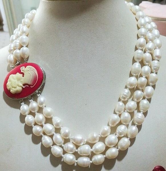 

chains 3 row red clasp 9-11mm natural white pearl necklace 18-20"1, Silver