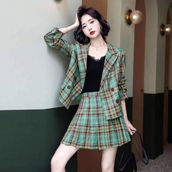 

6febx plaid women's spring and autumn 2020 suit double-breasted two-piece grouppleated elegant minority younger half ethnic suit skirt, Gray