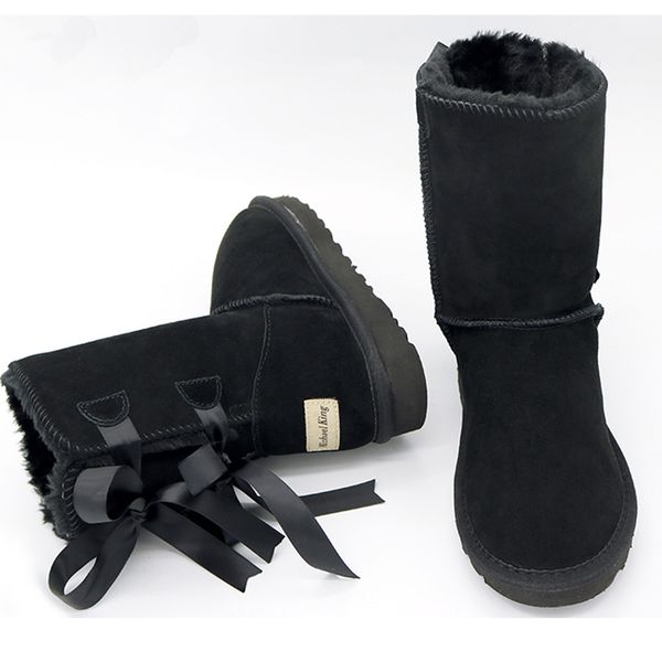 

wool women snow 100% genuine cowhide leather mid-calf warm winter boots women' shoes, Black;grey