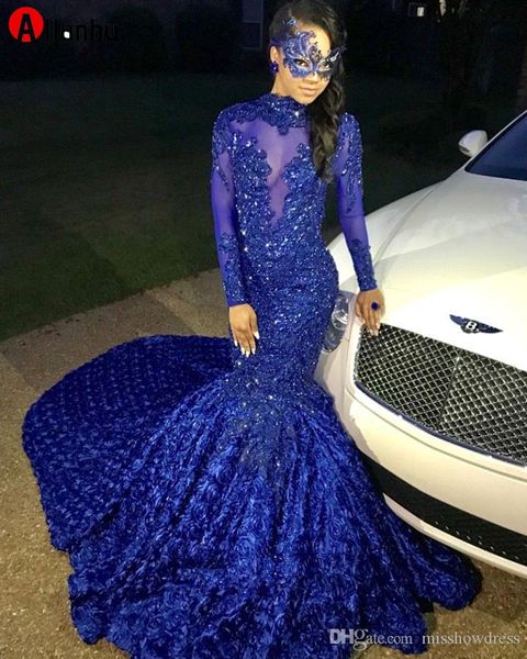 NOVO! 2020 Elegante Royal Blue Sleeves Longo Lace Sereia Vestidos de Prom Vestidos Tulle Applique Frisado 3D Floral Comprimento Da Parte Da Parte Da Noite DWJ0207