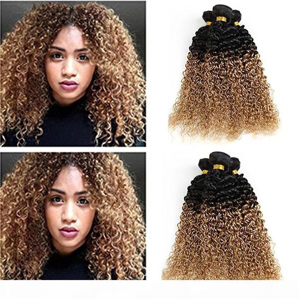 

8a grade brazilian ombre kinky curly hair wefts 100% human hair extensions machine double weft 100g pcs 3pcs lot 10-30inch ing, Black;brown