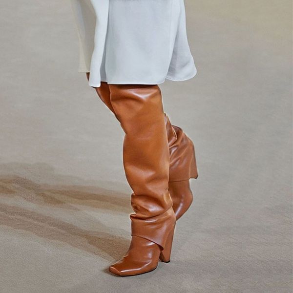 

2021 bottes nova femmes t mostrar 10cm pico alto sobre o joelho coxa botas na moda alta praa toe dobrar sapatos couro da motocicleta xzrd, Black