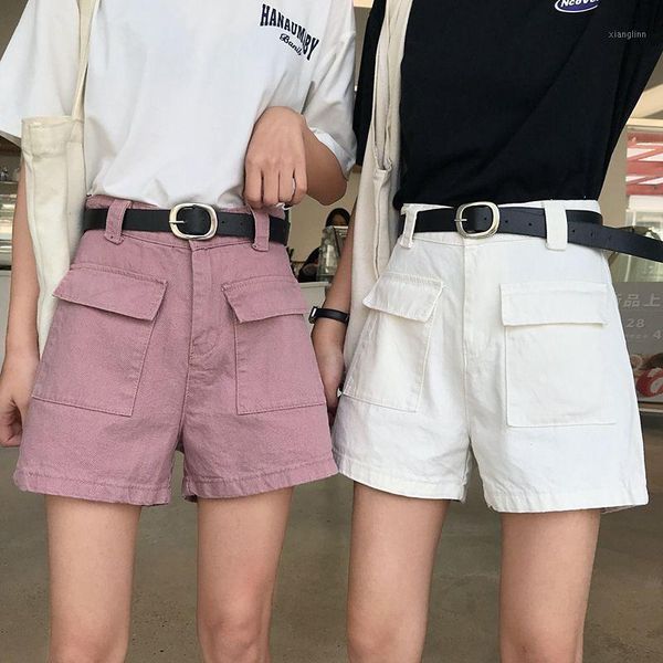 

2020 summer white denim shorts high waist wide leg jean shorts without belt solid color korean fashion1, White;black