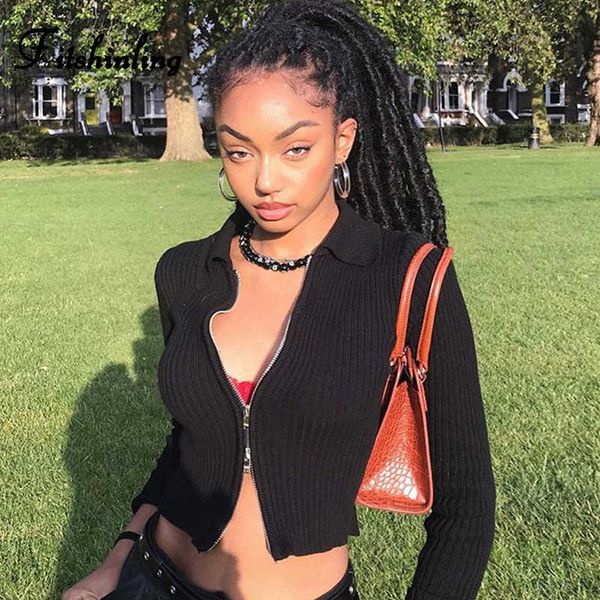 

fitshinling autumn winter t-shirts for women 2021 zip-up black crop long sleeve female t-shirt black slim t shirt sale t200812, White