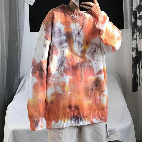 

winter tie-dye sweater men's warmth fashion retro casual knitted pullover men loose korean knitting sweaters mens clothes -xl1, White;black