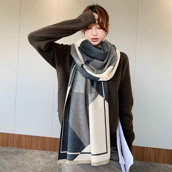 

simple color matching scarves for women in winter multi-functional versatile shawl large imitation cashmere collar autumn style, Blue;gray