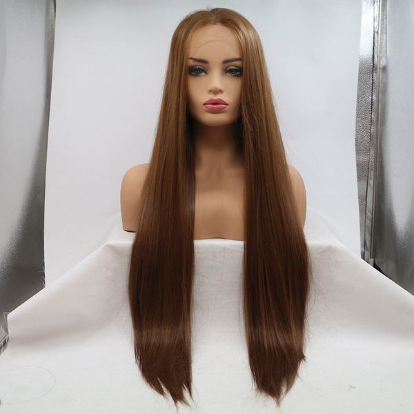 

wendyhair honey brown lace front wigs high heat resistant synthetic natural smooth hair long straight wigs wholesale sell good feedback, Black;brown