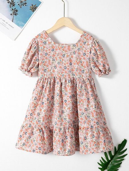 

toddler girls ditsy floral puff sleeve ruffle hem dress she01, Red;yellow