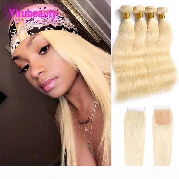

peruvian human hair 4 bundles with 4x4 lace closure 613 blonde silky straight virgin hair 5 pieces one set hair wefts, Black;brown