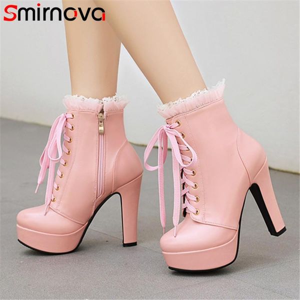 

boots smirnova 2021 est high heel platform woman party wedding shoes sweet round toe pu lace up autumn ankle women, Black