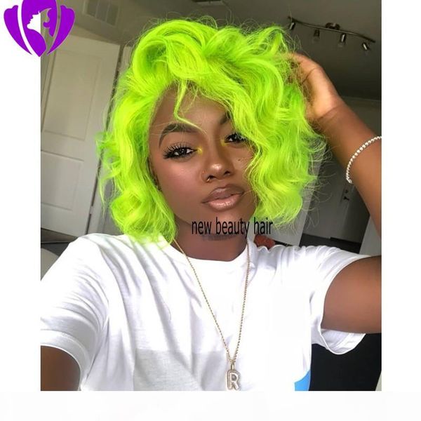 

hand tied mint green color short synthetic wigs heat resistant deep body wave brazilian virgin hair full lace front bob wigs for women, Black