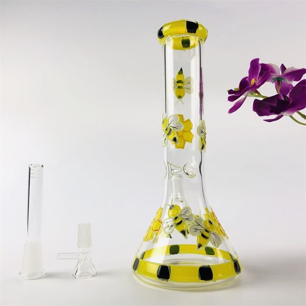 Leuchtendes Becherglas mit Bienenmuster, Wasserpfeifen, Wasserbongs aus Glas, bunte Pfeifen, berauschende Mini-Pfeifen, Dab-Rigs, kleine Bubbler-Becher, Recycling-Ölbohrinsel
