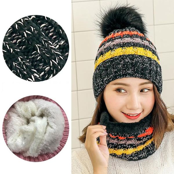 

зимние вязаные шапочки шапки шарф набор fur pompom женщины толстый теплые шапочки skullies hat женский bonnet caps, Blue;gray