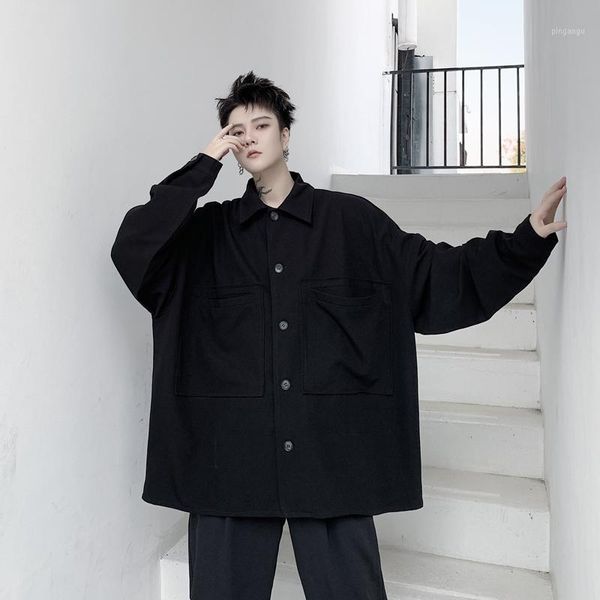 

male vintage streetwear hip hop outerwear men japan style casual loose long sleeve shirt style cargo jackets over coats1, Black;brown