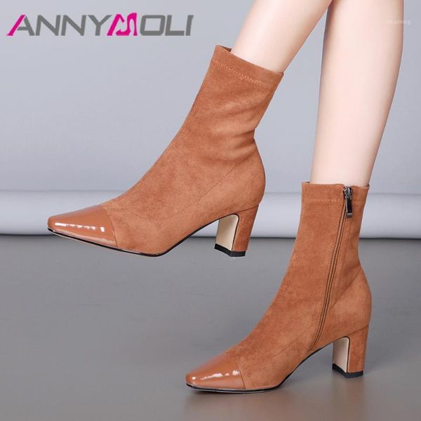 

boots annymoli genuine leather ankle women zipper block high heels short stretch square toe shoes ladies black size 34-391