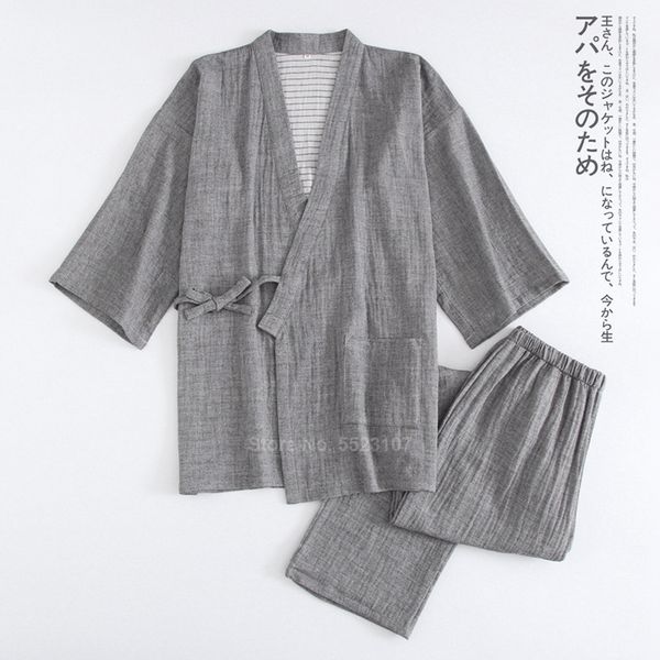 

traditional japanese kimono for men pajamas set solid color pure cotton samurai sleepwear set bathing yukata nightwear lj201113, Black;brown