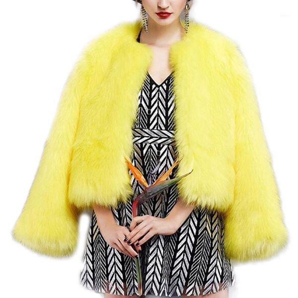 

savabien 2020 new fashion faux fur coat women yellow fluffy long sleeve fake fur jacket cardigan streetwear winter1, Black