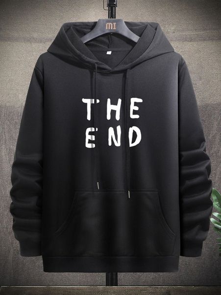 

men slogan graphic kangaroo pocket drawstring hoodie o3kx#, Black