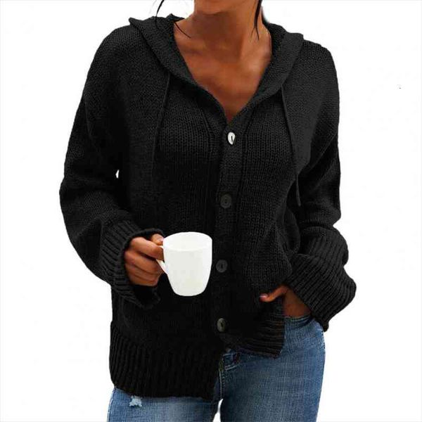 

dropshippingwomen cardigan sweater solid color long sleeve autumn winter drawstring single breasted hooded coat for daily wear, White;black