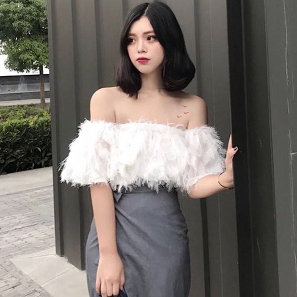 

korean one strapless short 2020 summer new temperament tassel nightclub off shoulder women's wear