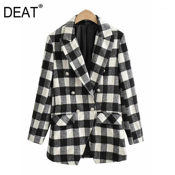 

deat] women plaid double breasted hit color blazer new lapel long sleeve loose jacket fashion tide autumn winter 2020 13u1601, White;black