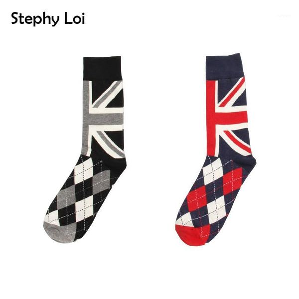 

harajuku retro men british flag argyle pattern cotton crew socks dress brand skate designer fixed gear hip hop happy men gift1, Black