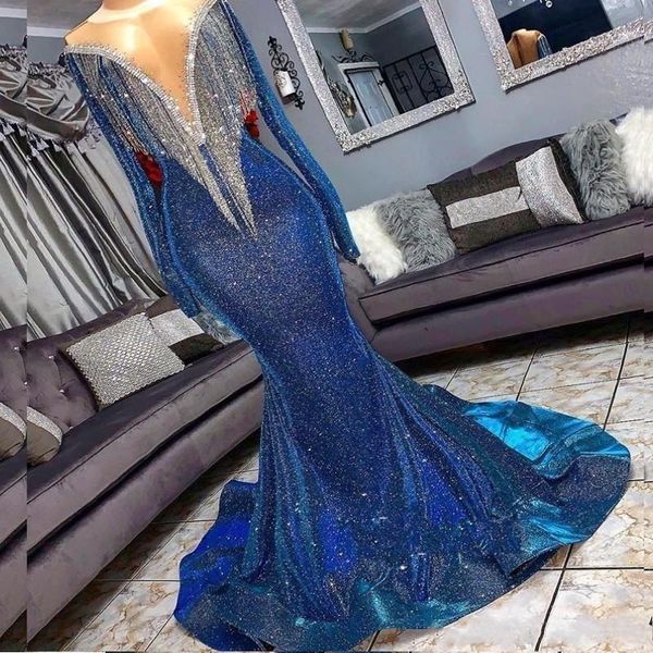

full sequins reflective mermaid blue prom dresses beads sheer neck long sleeves evening gowns with tassels sweep train1, White;black