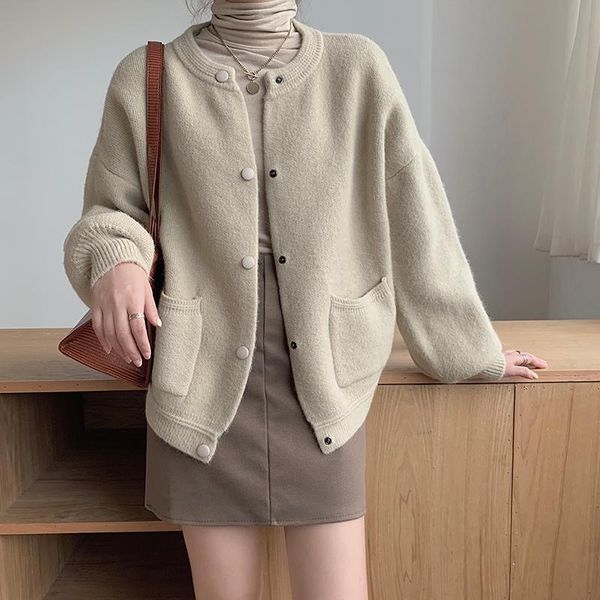 

women's knits & tees make winter han edition round collar loose lantern sleeve cardigan sweater female coat lazy joker, White