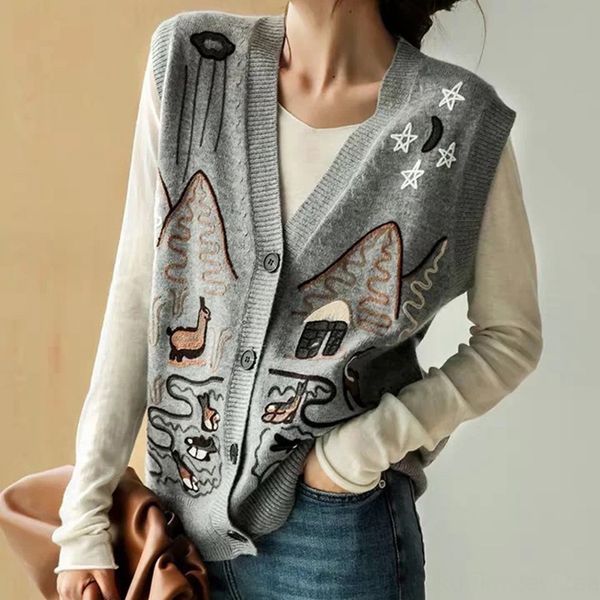 

20 early embroidered sweatervest sweaterautumn new d age reduction children's interest heavy industry landscape embroidery cashmere sle, White;black